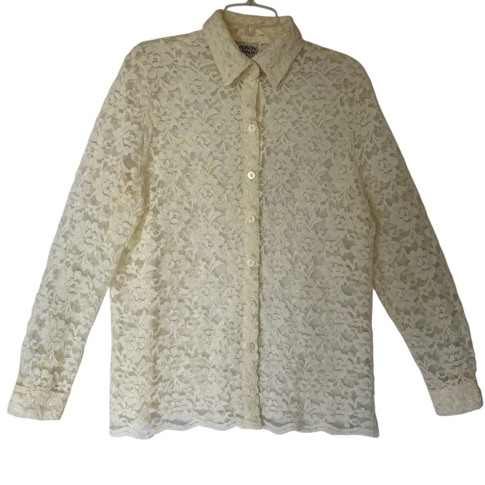 Vintage Allison Daley Ivory Lace Shirt Size 16  100% Nylon Long Sleeve Blouse